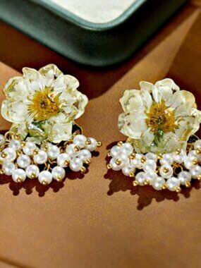 Handmade Resin Flower Pearl Tassel Drop Earrings